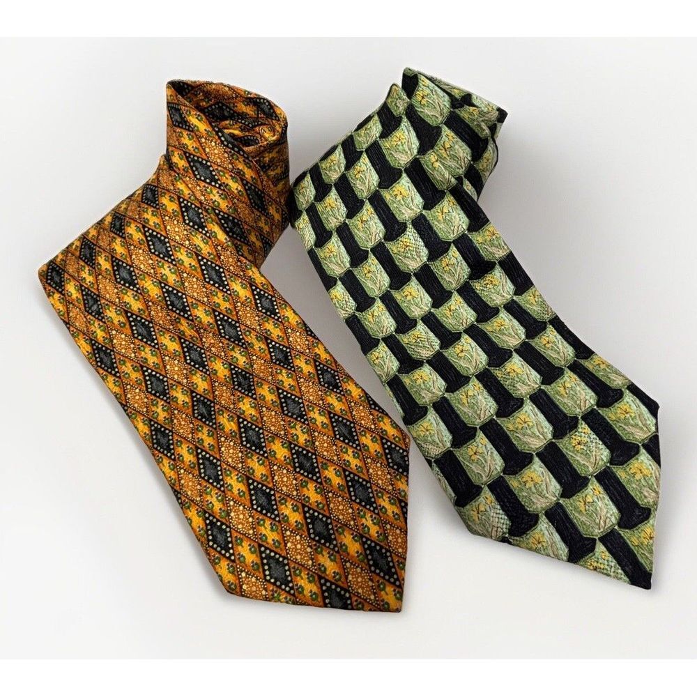2 VTG ERMENEGILDO ZEGNA 100% Silk  Ties ITALY Designer‎ Diamond Floral LOT EUC